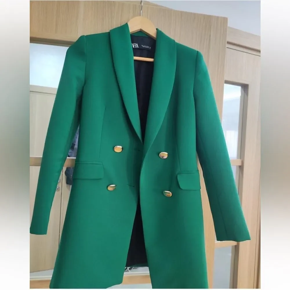 NWT  WOMEN'S DOUBLE BREASTED LONG BLAZER DRESS Green SIZE XS